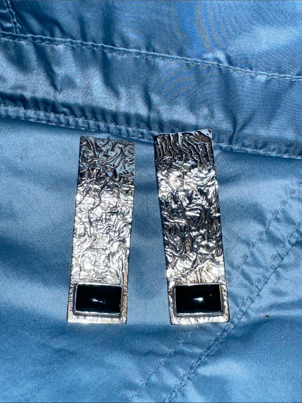 Textured Sterling Silver Rectangle Earrings with Black Onyx Inset